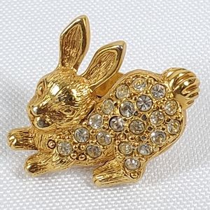 Easter Bunny Rabbit Hat Pin Vtg Avon Gold Tone With Rhinestones Tack Pin Brooch